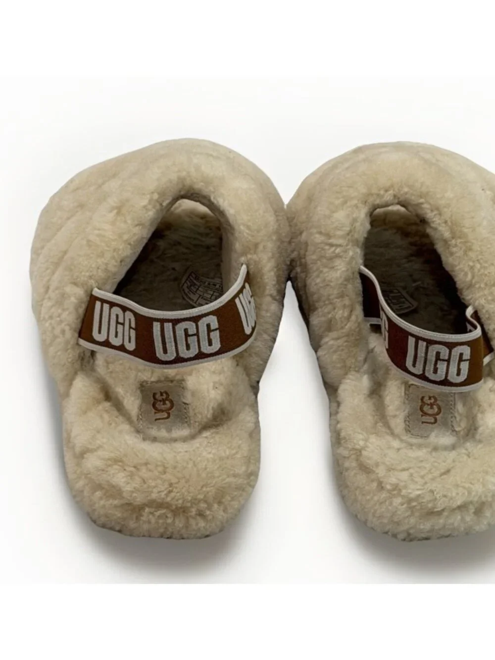 UGG Fluff Yeah Ivory Cream Slide Slipper GIRLS Kids Youth Size 2 Logo Strap 33.5